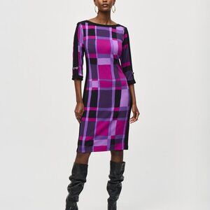 Joseph Ribkoff NWT Silky Knit Plaid Print Sheath Dress Purple/Black